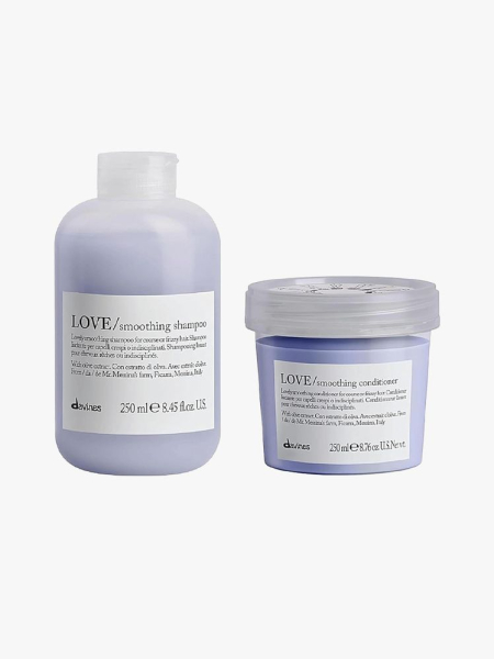 Davines Love Smoothing Shampoo & Conditioner in branded components on a light gray background